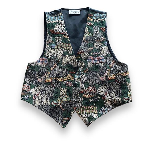 VNTG Tapestry Vest Dog Themed Sz M Green Multicolor Satin Tie Back 80s Y2k - Picture 13 of 16